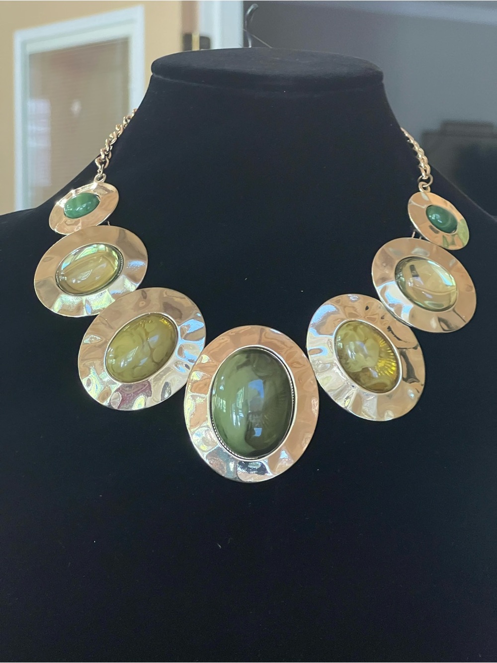 Goldtone Statement Necklace with Green Accent Stones